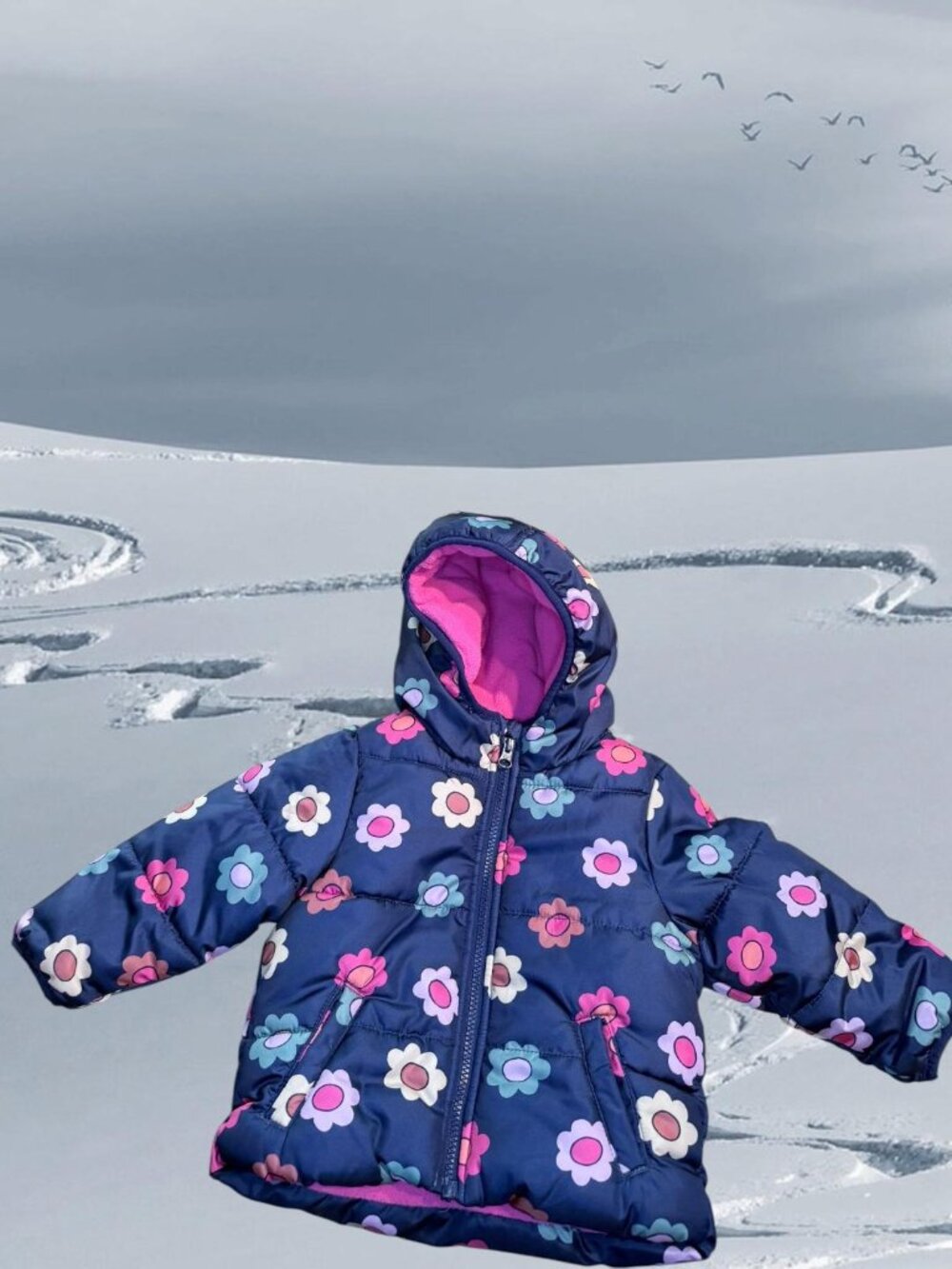 Jumping Bean Jacket Girls 18M Blue Floral Fleece Lined Hooded Winter Coat